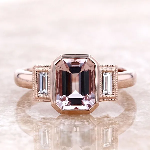 1.71tw Emerald Cut Three Stone Bezel Morganite & Diamond Ring 14kt Rose Gold Image 4 La Mine d'Or Moncton, NB