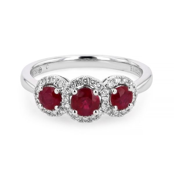 1.00tw Ruby & Diamond Trinity Halo Ring in 18kt White Gold La Mine d'Or Moncton, NB