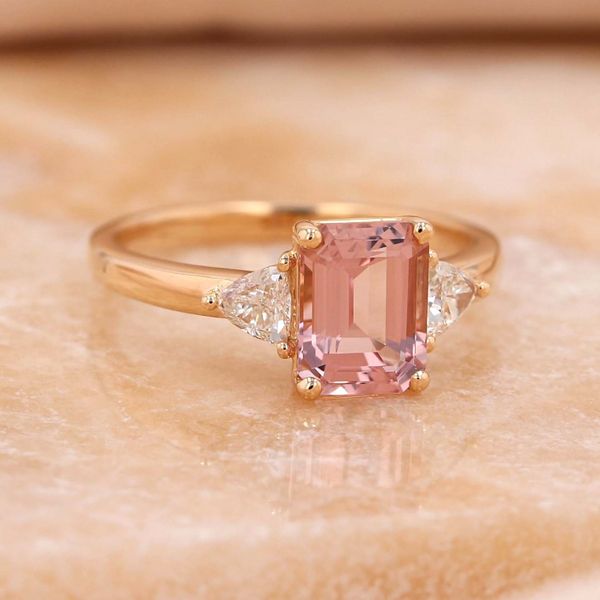 1.81tw Tokyo Emerald Cut Three Stone Peach Morganite & Diamond Ring 14kt Yellow Gold Image 3 La Mine d'Or Moncton, NB