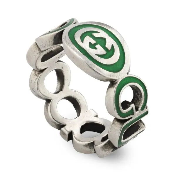 Gucci Interlocking G Green Enamel Silver Ring Image 2 La Mine d'Or Moncton, NB