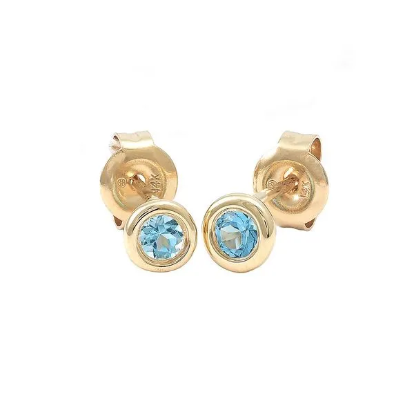 Yellow 14 Karat Bezel Set Blue Topaz Earrings Lee Ann's Fine Jewelry Russellville, AR