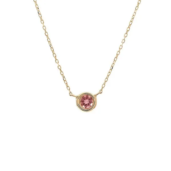 Yellow 14 Karat Bezel Set Necklace with Round Pink Tourmaline Lee Ann's Fine Jewelry Russellville, AR