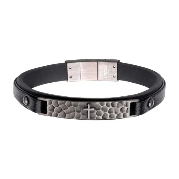 Men's Stainless Steel Black Leather Strapped Cross Hammered ID Bracelet Lee Ann's Fine Jewelry Russellville, AR