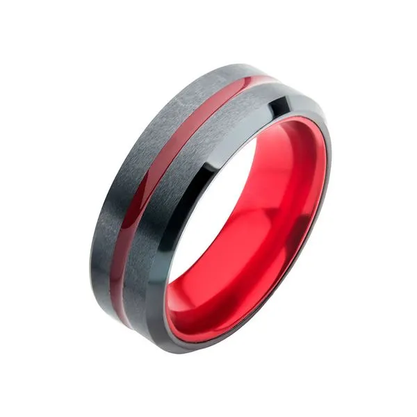 Men's Red Aluminum Inlay Black IP Steel Beveled Comfort Fit Ring Lee Ann's Fine Jewelry Russellville, AR