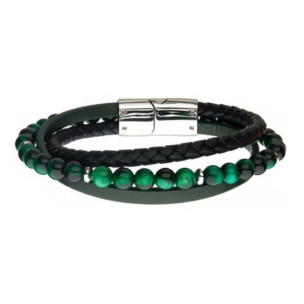 Men's Green Tiger Eye Beads with Black Braided and Green Leather Layered Bracelet Lee Ann's Fine Jewelry Russellville, AR