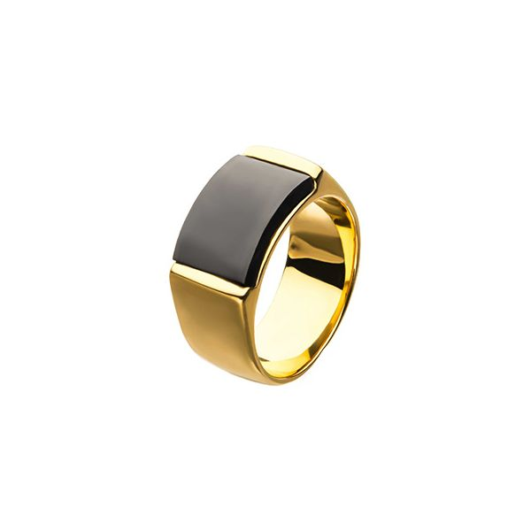 Men's Two Tone Brushed Stainless Steel Gold, Black IP Engravable Signet Ring Lee Ann's Fine Jewelry Russellville, AR