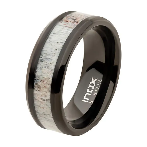 Men's Stainless Steel 8mm Black IP Deer Antler Inlay Ring Lee Ann's Fine Jewelry Russellville, AR