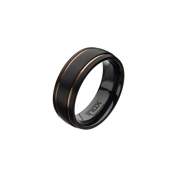 Men's Size 12 Black Zirconium with Rose Gold IP 8mm Line Rings Lee Ann's Fine Jewelry Russellville, AR