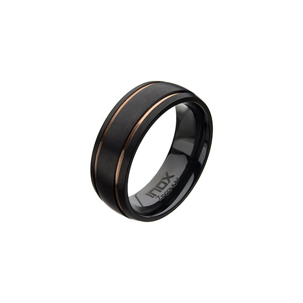 Men's Black Zirconium with Rose Gold IP 8mm Line Ring Lee Ann's Fine Jewelry Russellville, AR