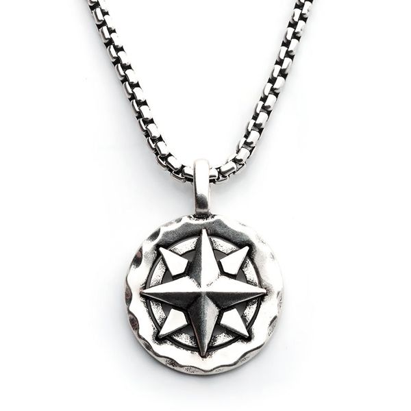 Men's Sterling Silver Oxidized Compass Pendant with Box Chain Lee Ann's Fine Jewelry Russellville, AR