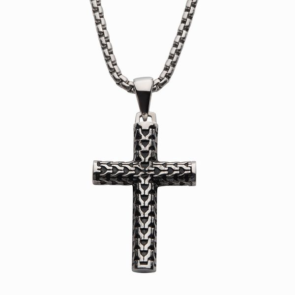 Men's Stainless Steel Scale Cross Drop Pendant with Bold Box Chain Lee Ann's Fine Jewelry Russellville, AR