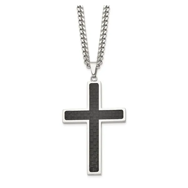 Men's Stainless Steel Polished with Black Carbon Fiber Inlay Cross Pendant Necklace Lee Ann's Fine Jewelry Russellville, AR