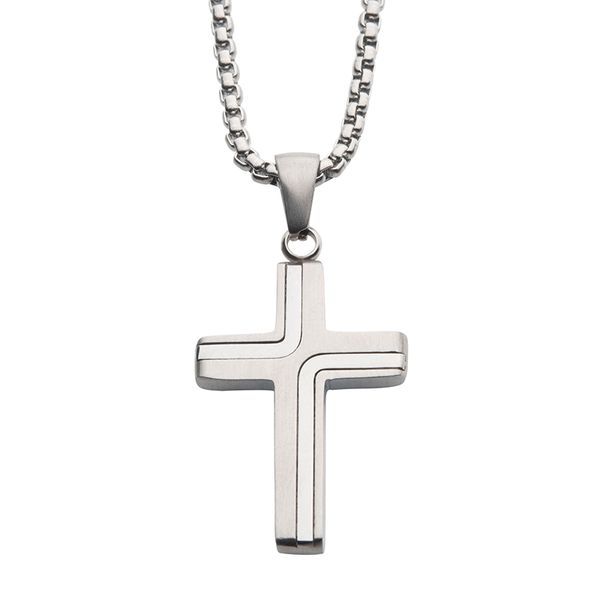 Men's Stainless Steel 33mm Cross Drop Pendant with 2mm Round Box Chain Lee Ann's Fine Jewelry Russellville, AR