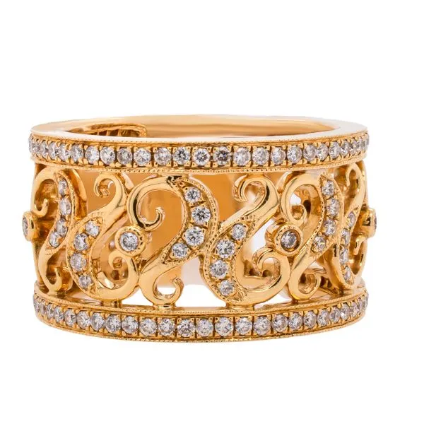 18K Yellow Gold Diamond Filigree Wide Cigar Band Ring LeeBrant Jewelry & Watch Co Sandy Springs, GA