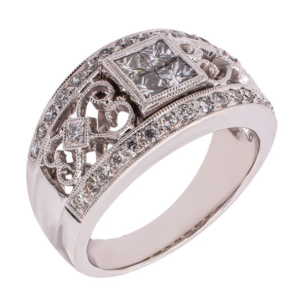 18K White Gold Filigree Princess Cut Diamond Fashion Ring Image 2 LeeBrant Jewelry & Watch Co Sandy Springs, GA
