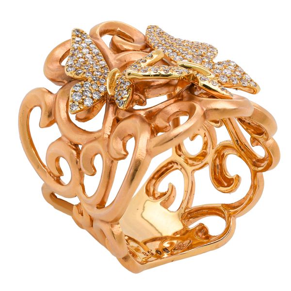 18K Rose and Yellow Gold Scroll Work Diamond Butterfly Fashion Ring Image 2 LeeBrant Jewelry & Watch Co Sandy Springs, GA