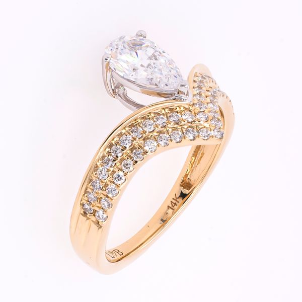 14K Yellow and White Gold Floating Pear CZ Semi-Mount 1.00CT With V Shaped Diamond Shank Engagement Ring Image 2 LeeBrant Jewelry & Watch Co Sandy Springs, GA