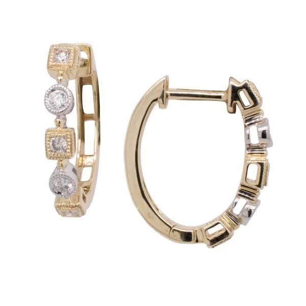 14K Yellow and White Gold Geometric Shape Vintage Inspired Diamond Hoop Earrings LeeBrant Jewelry & Watch Co Sandy Springs, GA