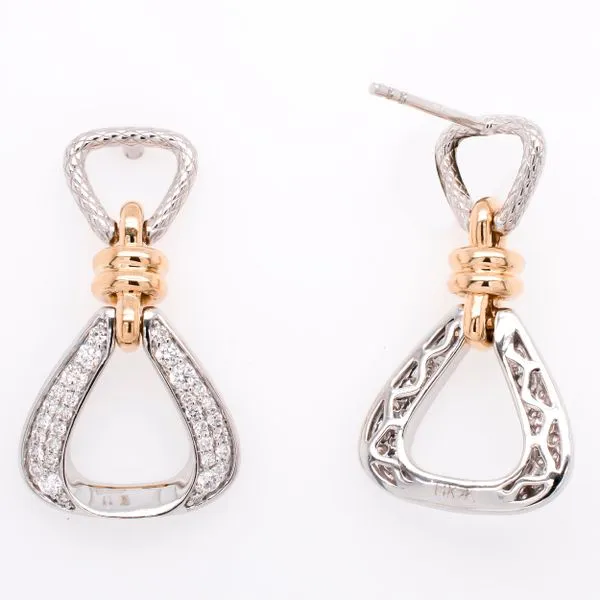 14K White Gold Double Diamond Triangle Loop with Yellow Gold Bar Link Earrings Image 2 LeeBrant Jewelry & Watch Co Sandy Springs, GA