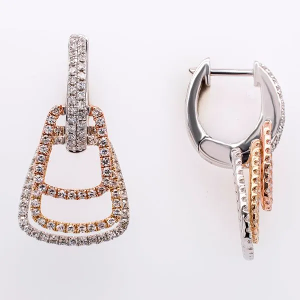 14K White, Yellow and Rose God Huggie Diamond Earrings with Trapezoid Diamond Charms LeeBrant Jewelry & Watch Co Sandy Springs, GA