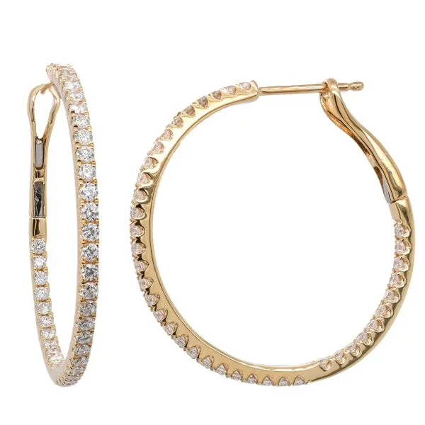 18K Yellow Gold Diamond Hoops 1in Inside Out Earrings Image 2 LeeBrant Jewelry & Watch Co Sandy Springs, GA