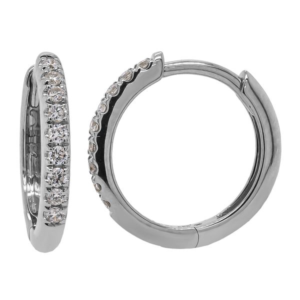 14K White Gold Diamond Hoop Huggie Earrings 13x13mm Image 2 LeeBrant Jewelry & Watch Co Sandy Springs, GA