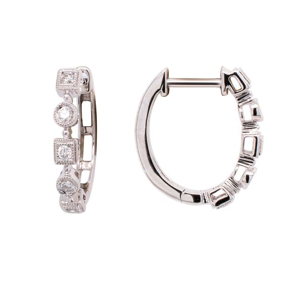 14K White Gold Geometric Shape Vintage Inspired Diamond Hoop Earrings LeeBrant Jewelry & Watch Co Sandy Springs, GA