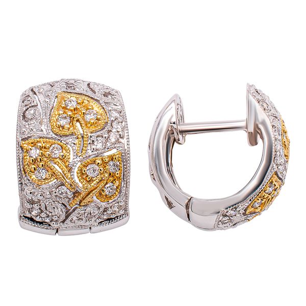 18K White Gold with Yellow Gold Leaf Huggie Earrings Image 2 LeeBrant Jewelry & Watch Co Sandy Springs, GA