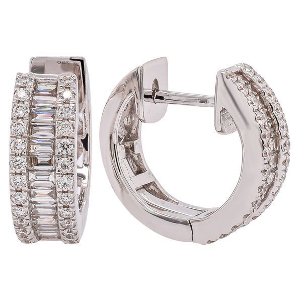 18K White Gold Baguette & Round Diamond Huggie Hoop Earrings | 0.61 CTW Natural Diamonds Image 2 LeeBrant Jewelry & Watch Co Sandy Springs, GA