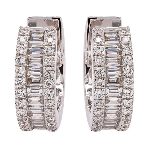 18K White Gold Baguette & Round Diamond Huggie Hoop Earrings | 0.61 CTW Natural Diamonds LeeBrant Jewelry & Watch Co Sandy Springs, GA