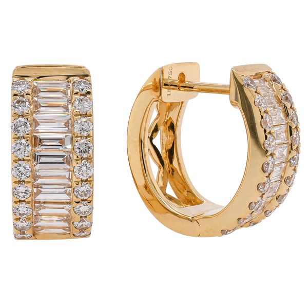18K Yellow Gold Baguette & Round Diamond Huggie Earrings Image 2 LeeBrant Jewelry & Watch Co Sandy Springs, GA