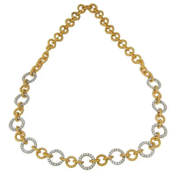 18K Yellow and White Gold Ribbed Link Diamond Circle Necklace 16.5in LeeBrant Jewelry & Watch Co Sandy Springs, GA