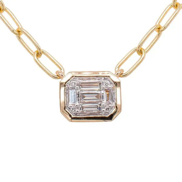 14K Yellow Gold Diamond Emerald Shaped Necklace with Paper Clip Chain Image 2 LeeBrant Jewelry & Watch Co Sandy Springs, GA