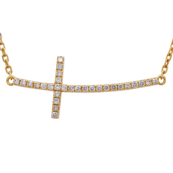 18K Yellow Gold Diamond Sideways Curved Cross Pendant Necklace 18 inches LeeBrant Jewelry & Watch Co Sandy Springs, GA
