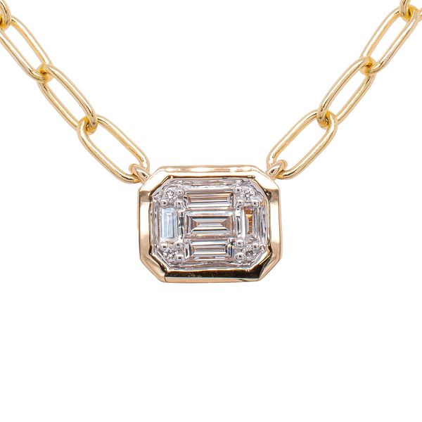 14K Yellow Gold Diamond Emerald Shaped Necklace with Paper Clip Chain Image 2 LeeBrant Jewelry & Watch Co Sandy Springs, GA