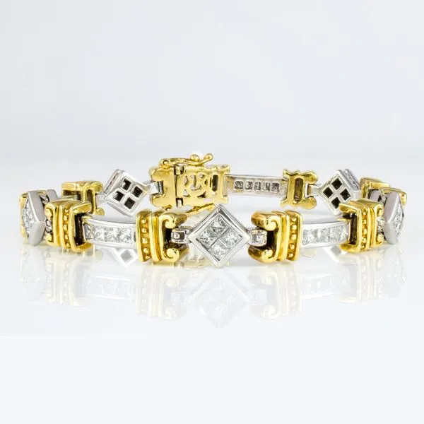 18K White and Yellow Gold Square Bar Diamond Tennis Bracelet Image 2 LeeBrant Jewelry & Watch Co Sandy Springs, GA