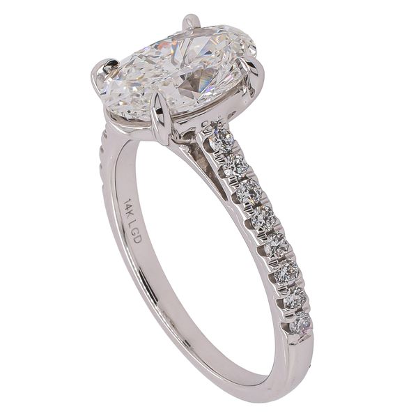 14K White Gold Oval 2CT Lab Diamond Cathedral Engagement Ring with Accent Diamonds Image 2 LeeBrant Jewelry & Watch Co Sandy Springs, GA