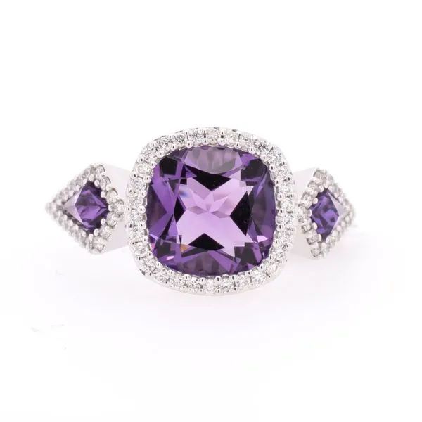 14K White Gold Amethyst Ring with two Kite Amethyst on the sides surrounded by Diamonds LeeBrant Jewelry & Watch Co Sandy Springs, GA