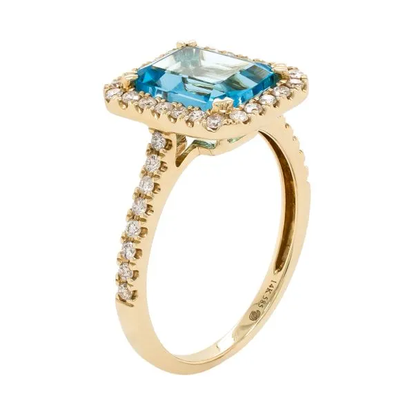 14K Yellow Gold Halo Emerald Cut Blue Topaz Diamond Ring Image 2 LeeBrant Jewelry & Watch Co Sandy Springs, GA