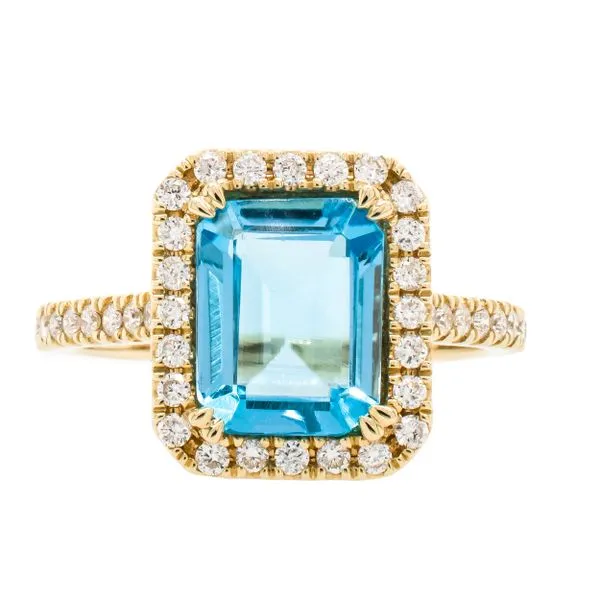 14K Yellow Gold Halo Emerald Cut Blue Topaz Diamond Ring LeeBrant Jewelry & Watch Co Sandy Springs, GA