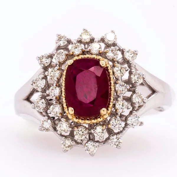 14K White and Yellow Gold Split Shank Flower Ruby Diamond Ring LeeBrant Jewelry & Watch Co Sandy Springs, GA