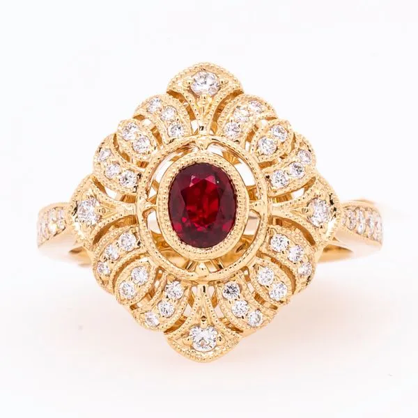 14K Yellow Gold Antique Miligrain Ruby Ring with Custered Diamonds Image 2 LeeBrant Jewelry & Watch Co Sandy Springs, GA