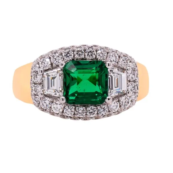 18K Yellow and White Gold Square Emerald with Trapezoid and Round Diamonds in Bezel Ring Setting LeeBrant Jewelry & Watch Co Sandy Springs, GA