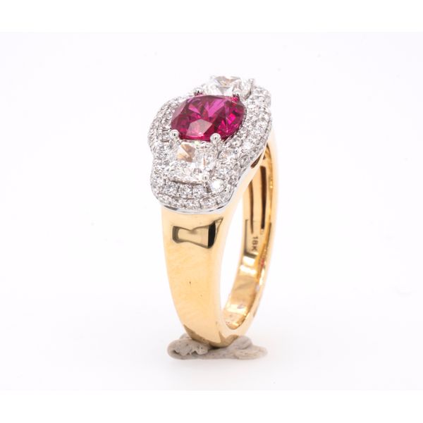 18K Yellow and White Gold Cushion Ruby Ring Surrounded by Diamonds Image 2 LeeBrant Jewelry & Watch Co Sandy Springs, GA
