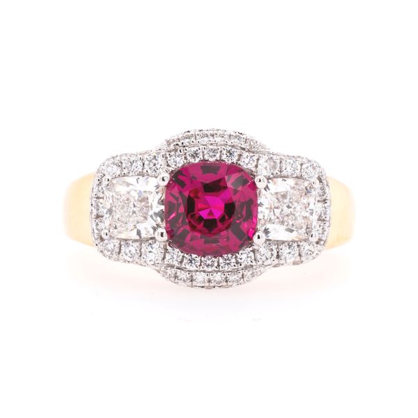 18K Yellow and White Gold Cushion Ruby Ring Surrounded by Diamonds LeeBrant Jewelry & Watch Co Sandy Springs, GA