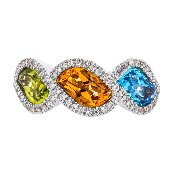 14K White Gold Bypass Three Colored Stone Ring with Diamonds Image 2 LeeBrant Jewelry & Watch Co Sandy Springs, GA