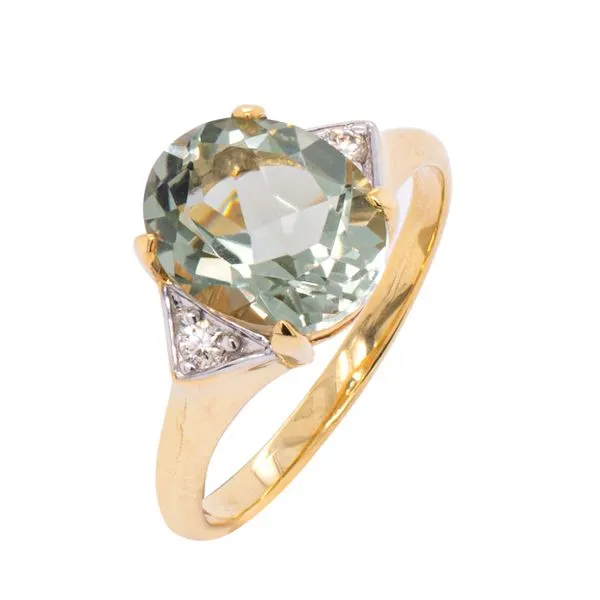 14K Yellow Gold Three Stone Green Amethyst Diamond Ring Image 2 LeeBrant Jewelry & Watch Co Sandy Springs, GA