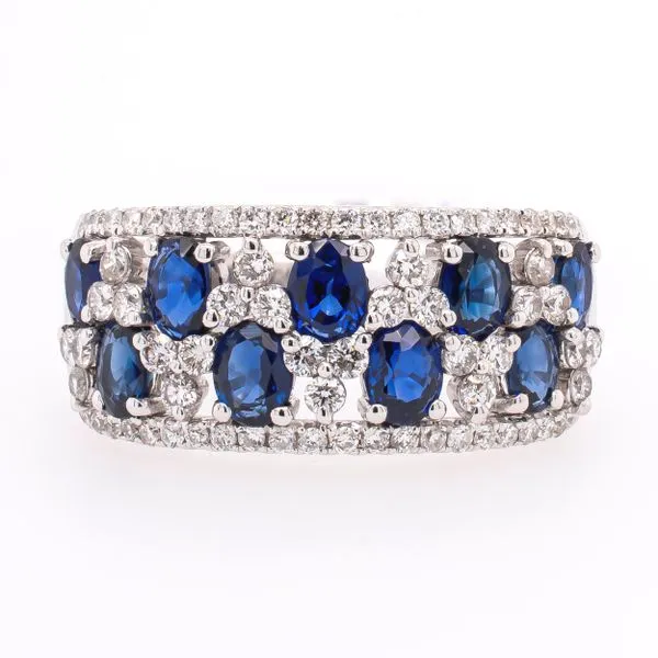 18K White Gold Checkerboard Oval Sapphire Fashion Ring with Scalloped Diamond Edges LeeBrant Jewelry & Watch Co Sandy Springs, GA