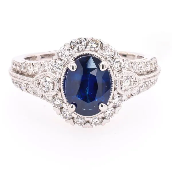 18K White Gold Antique Oval Sapphire Diamond Ring with Miligrain Details Image 2 LeeBrant Jewelry & Watch Co Sandy Springs, GA