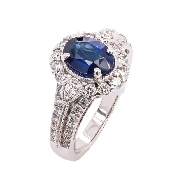 18K White Gold Antique Oval Sapphire Diamond Ring with Miligrain Details LeeBrant Jewelry & Watch Co Sandy Springs, GA
